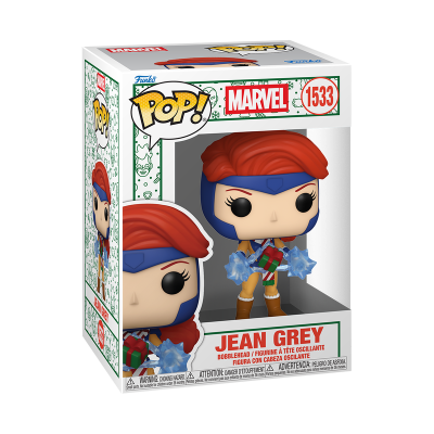 Caixa de figura Funko Pop! Marvel Jean Grey com cabelos vermelhos e máscara azul.