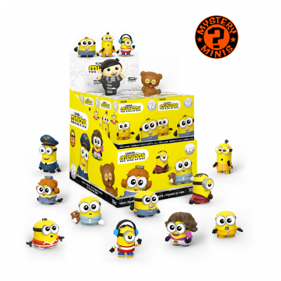Caixa de várias mini figuras de Minions coloridas em poses diferentes