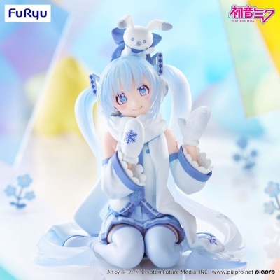 Figura colecionável anime com cabelo azul-claro, roupa branca e azul, luvas com flocos de neve