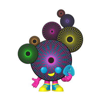 Figura animada colorida com círculos e padrões geométricos sorrindo