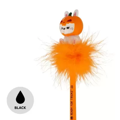 Caneta decorativa com pena laranja e personagem com abóbora na cabeça