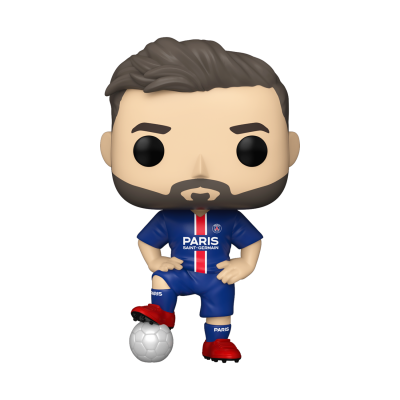 Figura Funko Pop jogador futebol com uniforme Paris Saint-Germain azul e faixa vermelha e branca.