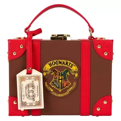Mala estilo caixa com emblema de Hogwarts e etiqueta Platform 9 3/4