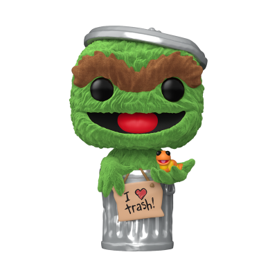 Figura Funko Pop vinil Oscar the Grouch verde com peixe amarelo e lata prateada com placa I ♥ trash!