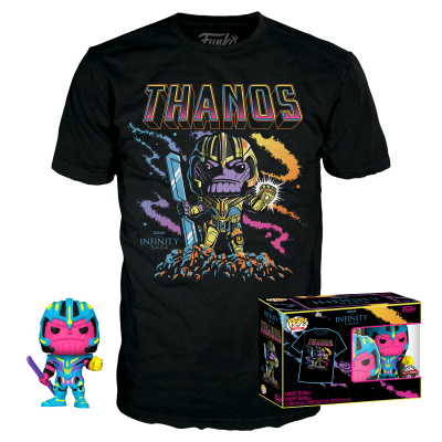 Camisola preta Thanos com figura Funko Pop e embalagem