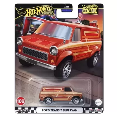 Brinquedo carrinha Ford Transit Supervan Hot Wheels castanha em embalagem