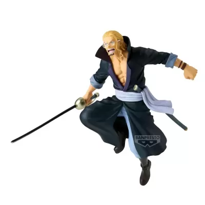 Figura de ação masculina com espada e roupa preta em pose de ataque