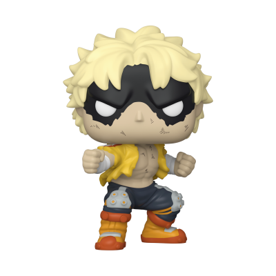 Figura Funko Pop de personagem loiro com máscara preta, casaco amarelo aberto e botas laranja.