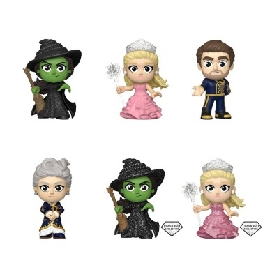 Conjunto de figuras colecionáveis de personagens cartoon, com bruxas verdes, princesas com vestido rosa, e homens com roupa formal.