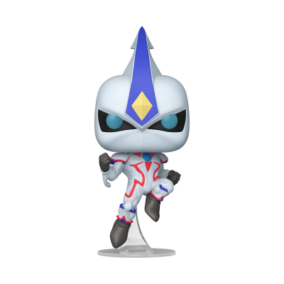 Figura Funko Pop de personagem com capacete branco e azul, fato branco com padrões vermelhos e azuis.