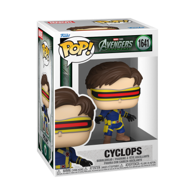 Boneco POP! Cyclops da Marvel Avengers Doomsday na caixa.
