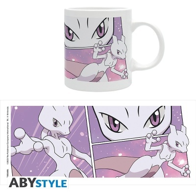 Caneca branca com ilustrações do personagem Mewtwo em roxo e branco