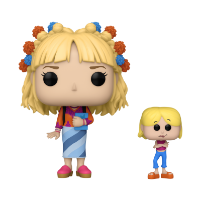 Duas figuras Funko Pop de personagens com cabelo loiro, roupas coloridas, uma maior segurando livro azul e outra menor de braços cruzados.