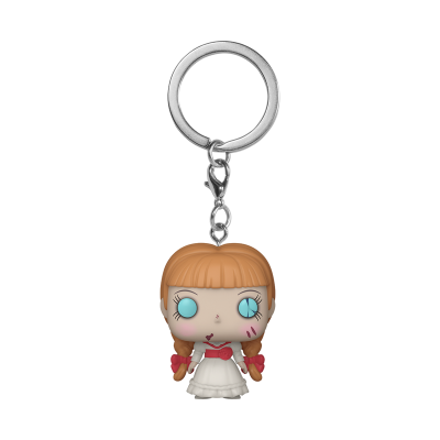 Porta-chaves Funko Pop da personagem Annabelle vestido branco e vermelho