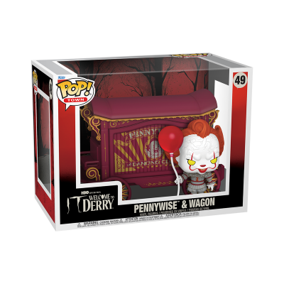 Funko Pop! Pennywise com balão e carrinho embalados numa caixa com design de árvore e texto