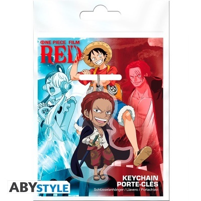 Embalagem com chaveiro One Piece Film Red com personagens anime e texto