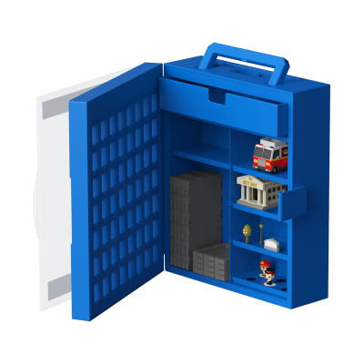 Mala azul com miniaturas de edifícios, veículos e personagem em prateleiras