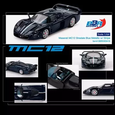 Miniatura de Maserati MC12 Stradale azul metálico com faixa e interior azul em diferentes ângulos