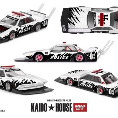 Miniatura de carro polícia branco e preto com texto e detalhes vermelhos