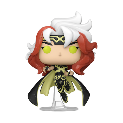 Boneco colecionável Funko Pop vestido com roupa preta e amarela, cabelo vermelho e branco
