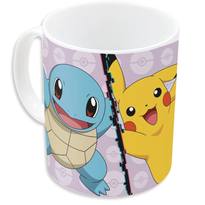 Caneca branca com ilustrações de Squirtle e Pikachu de Pokémon.