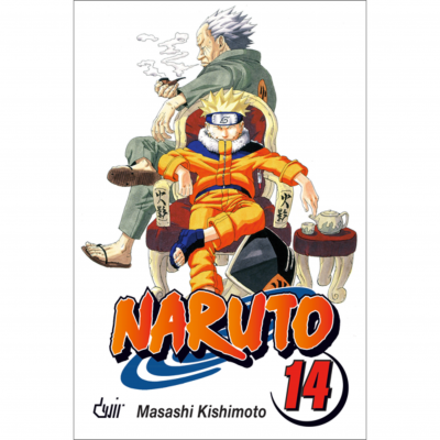 Capa do manga Naruto volume 14 com personagens sentadas e título em letras laranja