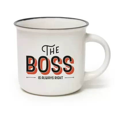 Caneca branca com texto THE BOSS IS ALWAYS RIGHT