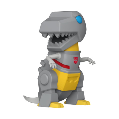 Figura robótica de dinossauro cinzento com detalhes amarelos