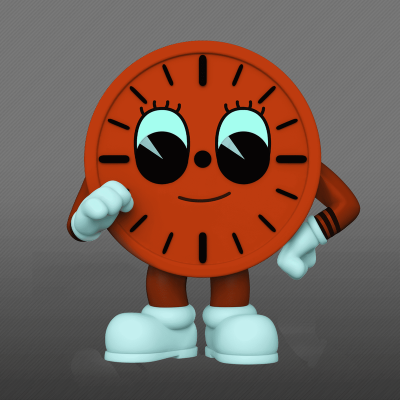 Figura animada de relógio vermelho com olhos e luvas brancas