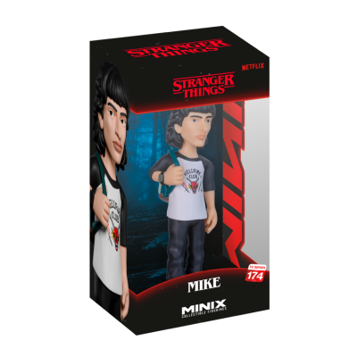Figura de coleção Minix Mike da série Stranger Things na embalagem preta e vermelha