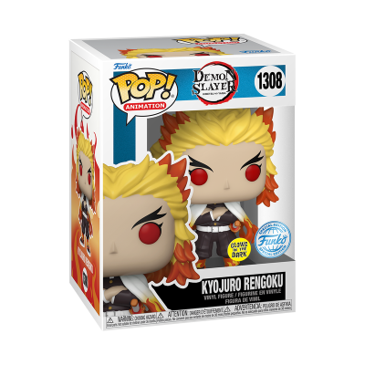 Figura Funko Pop! Kyojuro Rengoku de Demon Slayer, vinil, caixa branca com texto azul e vermelho