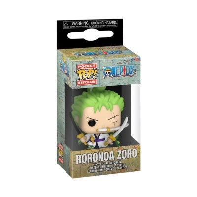Chaveiro de vinil Roronoa Zoro com três espadas numa caixa transparente