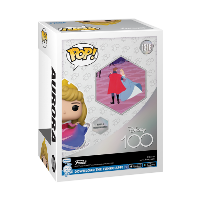 Caixa Funko Pop! Aurora Disney 100 edição 1316 com personagem em vestido cor de rosa e azul
