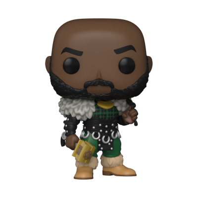 Figura estilizada Funko Pop de personagem com armadura e machado dourado