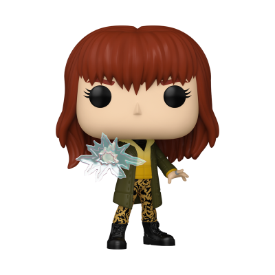Figura Funko Pop de personagem feminina com casaco verde e efeito azul na mão