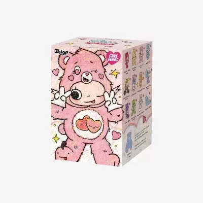 Caixa ilustrada com personagem rosa de ursinho carinhoso e outros personagens coloridos