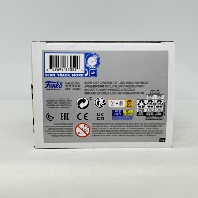 Parte traseira de embalagem branca com código de barras, logotipo Funko e símbolos de reciclagem
