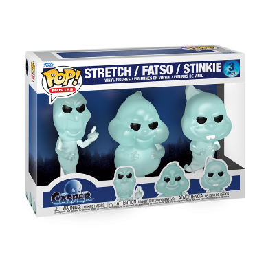 Pack de três figuras de vinil azul claro personagens Stretch Fatso Stinkie em caixa POP Movies