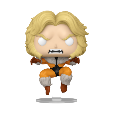 Figura colecionável de vinil personagem com cabelo loiro e fato laranja