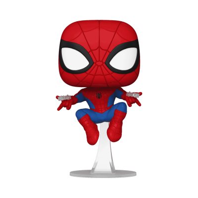 Figura colecionável do Homem-Aranha em traje vermelho e azul com suporte