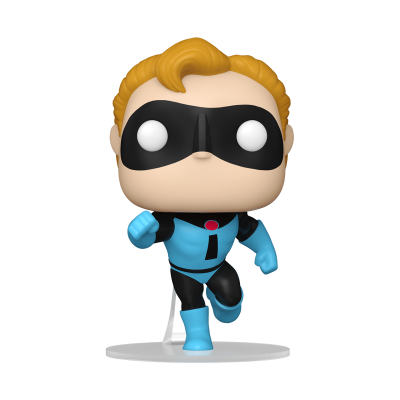 Figura colecionável de super-herói estilo Funko Pop com fato azul e preto.