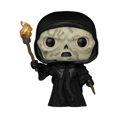 Figura Funko Pop de personagem com máscara de caveira e túnica preta a segurar tocha acesa.