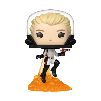 Figura colecionável Funko Pop com capacete de astronauta transparente e base laranja de fogo