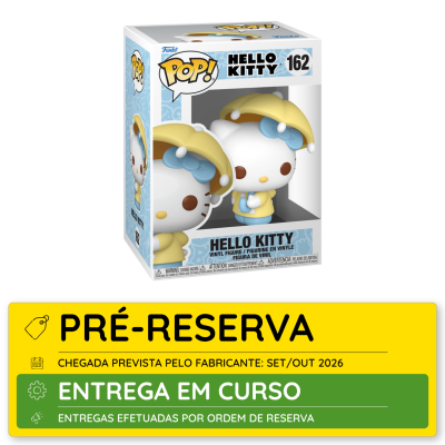 Caixa Funko Pop Hello Kitty com figura vinil branca, laço azul e guarda-chuva amarelo