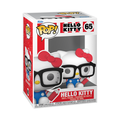 Boneco Funko Pop! Hello Kitty 65 com óculos, vestido azul e laços vermelhos numa caixa transparente