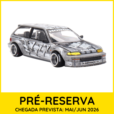 Miniatura de carro de corrida Honda cinzento com decoração gráfica preta e branca.