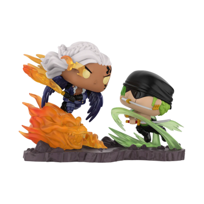 Figuras de vinil de dois personagens com efeitos de fogo e vento em base cinza