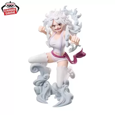 Figura colecionável de personagem feminina anime com cabelo branco e roupa branca com detalhes lilás e cor-de-rosa