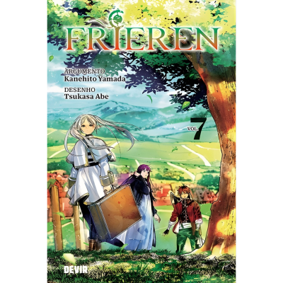 Capa do volume 7 do livro FRIEREN com três personagens num cenário campestre