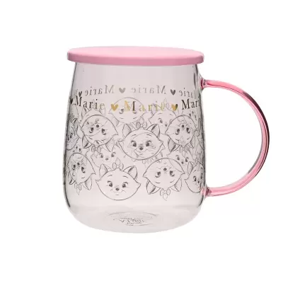 Caneca de vidro com personagens Marie e tampa rosa